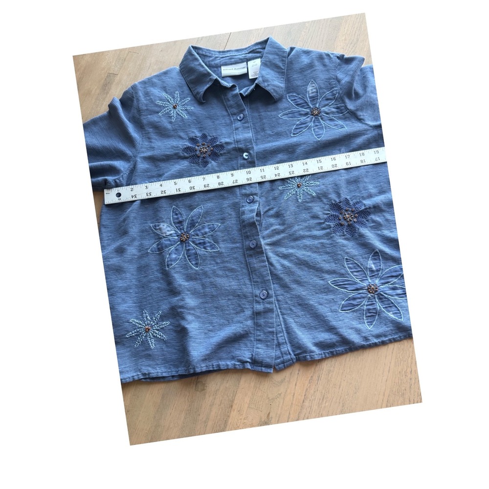 Alfred Dunner Petite 16P Blue 100% Silk Floral Embroidered Beaded Button Up Top - Picture 6 of 7